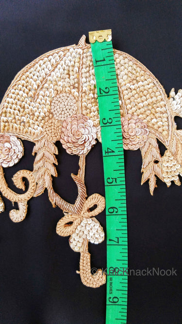 Hand Embroidered Umbrella Applique With Zardozi And Gold Sequins Embroidery, Appliqué Patch, Tan Brown Indian Motif